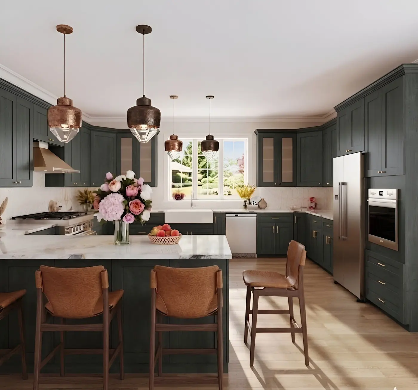 Double smokey grey door style in a rendering of a room