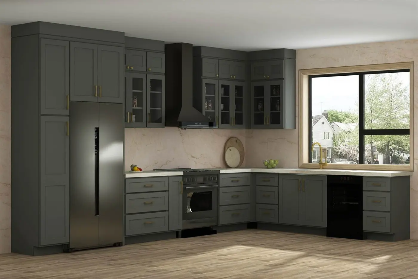 Shaker, forest green door style in a rendering of a room
