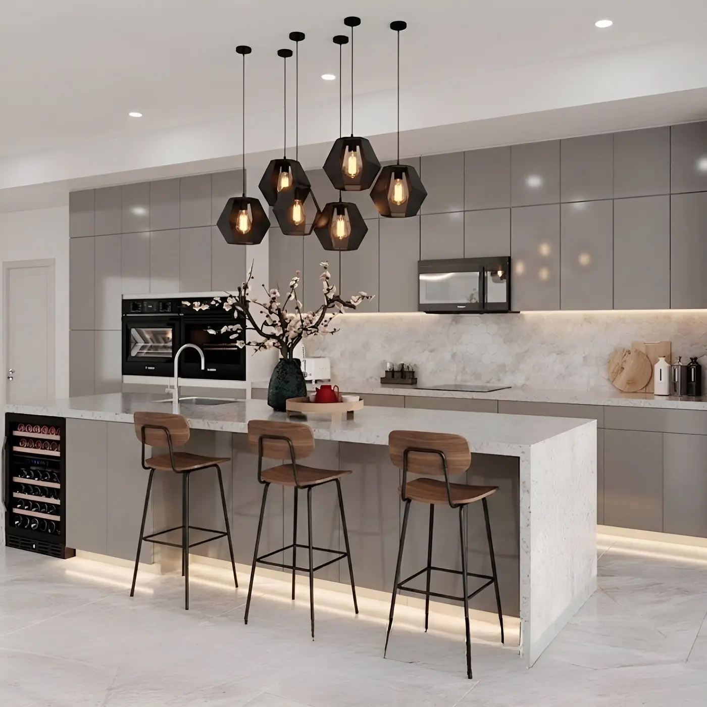 High gloss grey door style in a rendering of a room