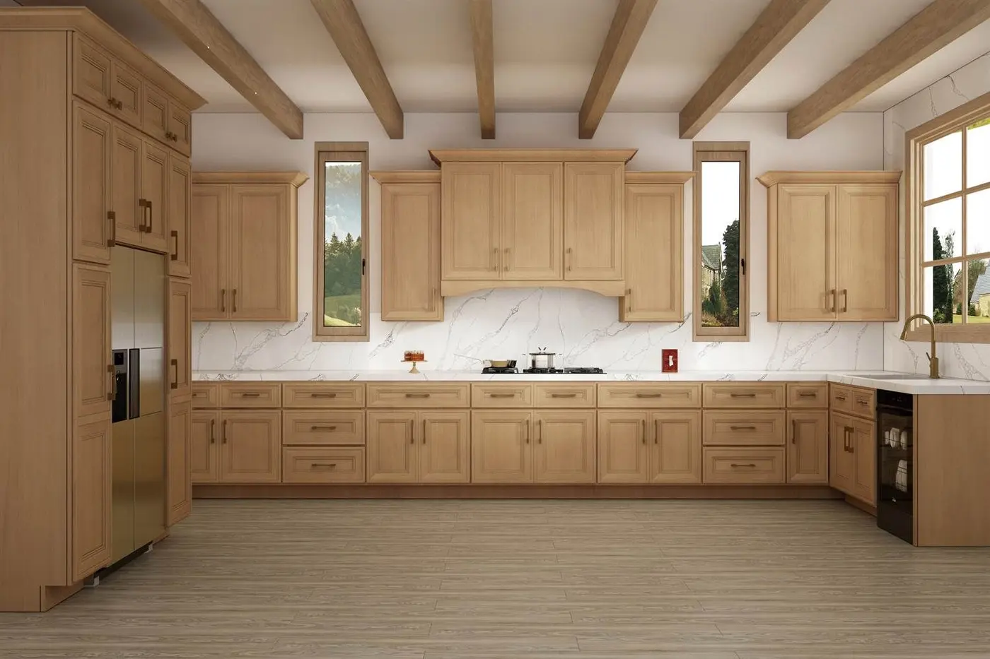 Raised panel, natural wood door style in a rendering of a room