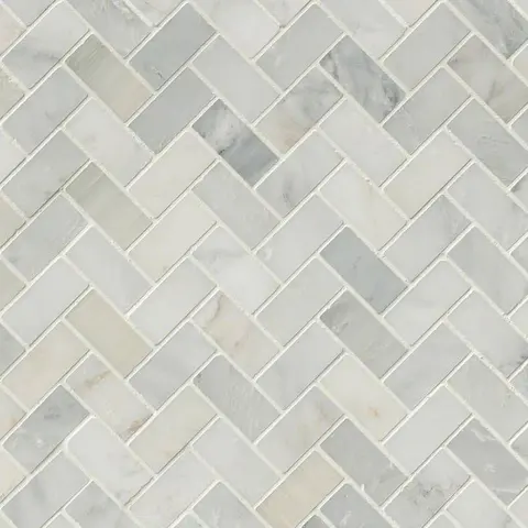 Arabescato Carrara, herringbone mosaic, shown as a flat sample