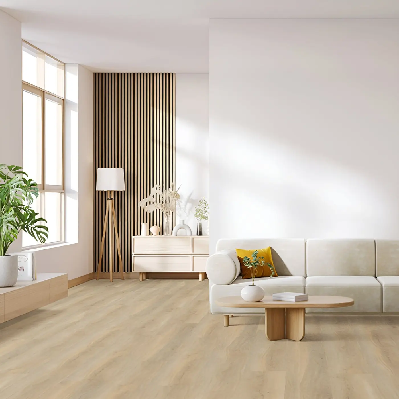 Blonde acoustic wood slat panels profile in a rendering of a room
