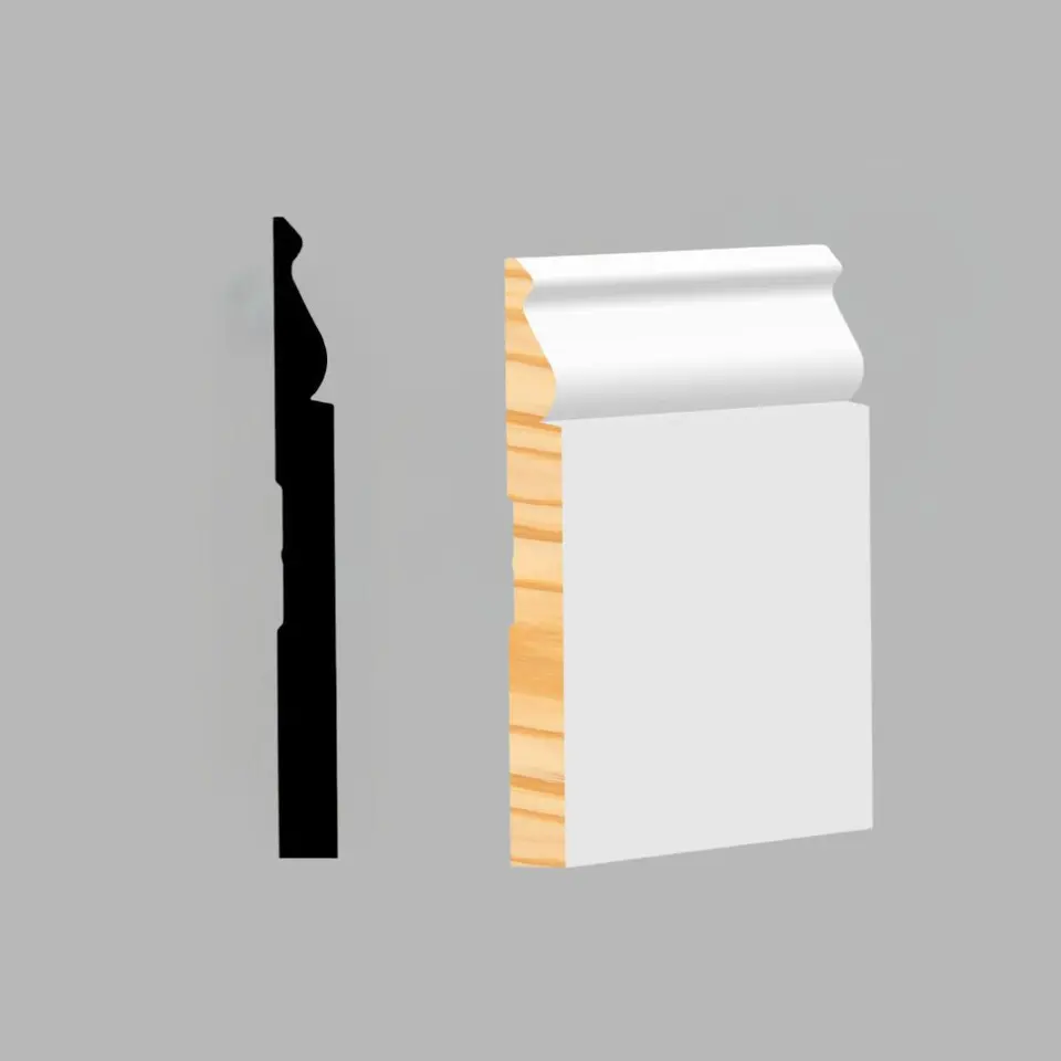 Colonial baseboard, 5 1/4", primed finger-joint pine, shown as a flat sample