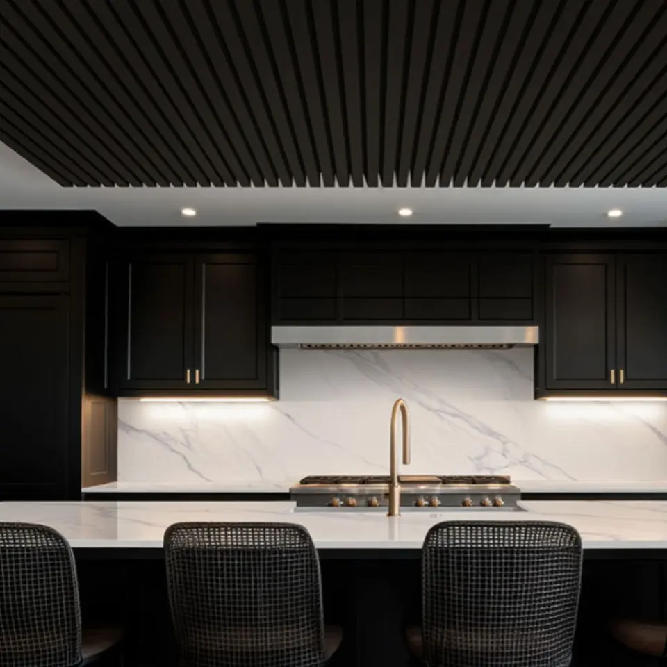 Ebony acoustic wood slat panels profile in a rendering of a room