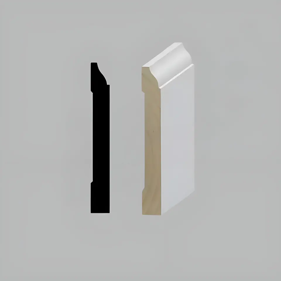 Flat baseboard, 4 1/4", primed pine, shown as a flat sample