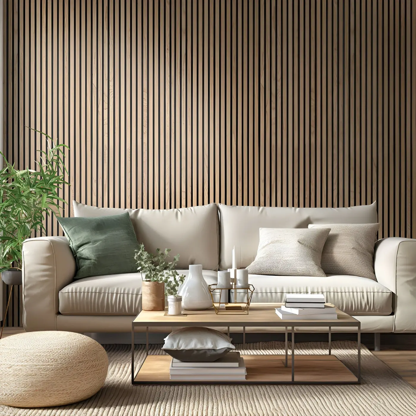 Natural acoustic wood slat panels profile in a rendering of a room