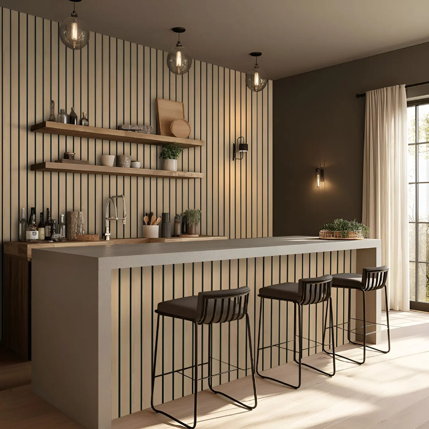Natural macro acoustic wood slat panels profile in a rendering of a room