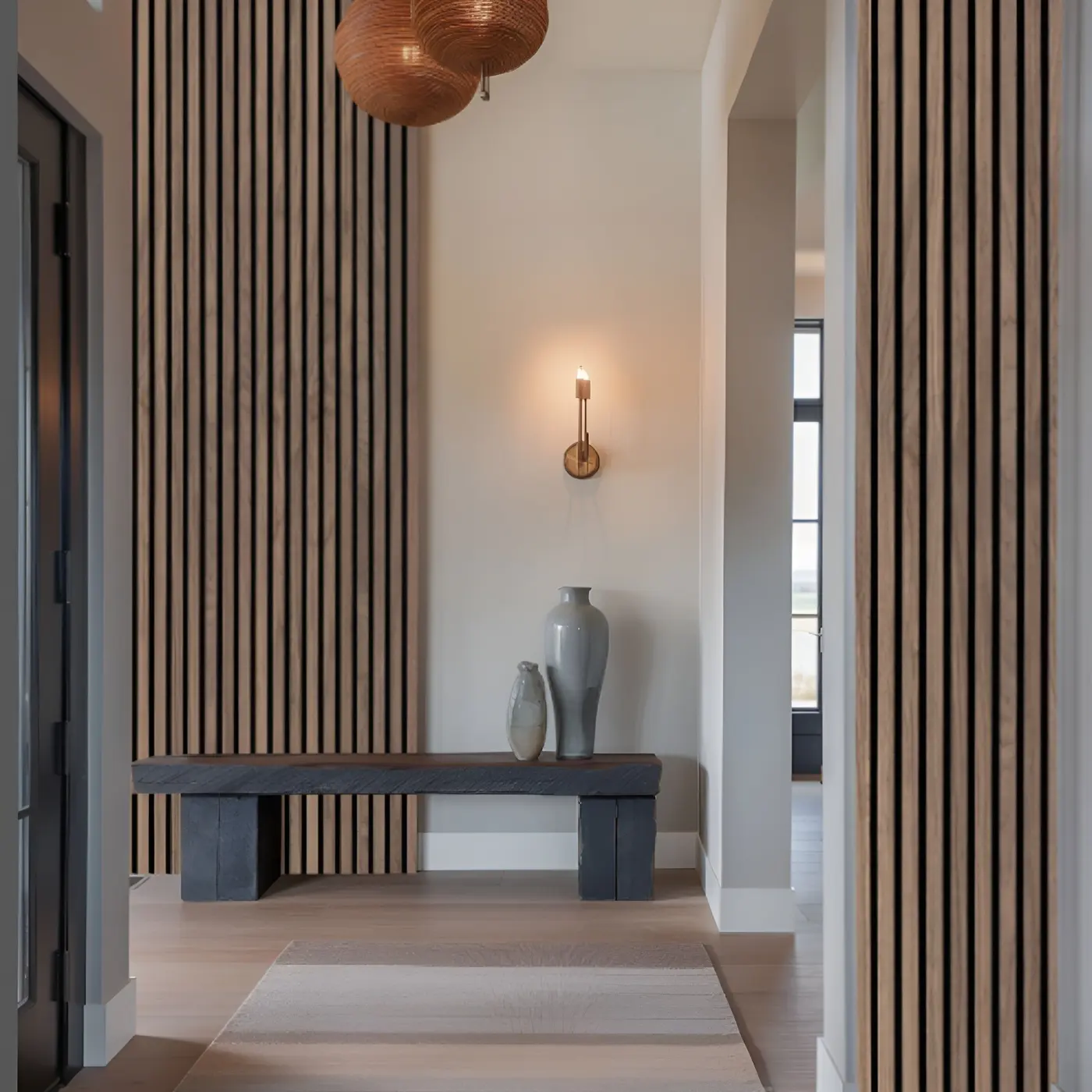Tawny acoustic wood slat panels profile in a rendering of a room