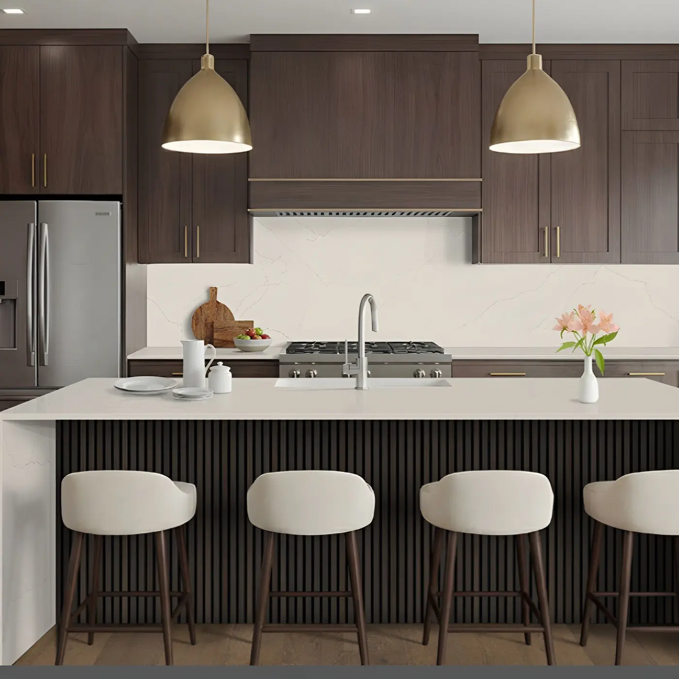 Umber acoustic wood slat panels profile in a rendering of a room